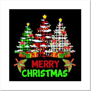 Merry Christmas Tree Buffalo Plaid Red White Green Cute Xmas Posters and Art